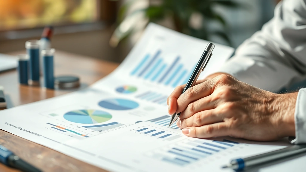 Close-up of entrepreneur writing business metrics and graphs on paper, hands visible, planning sustainable growth strategy, natural lighting, professional setting