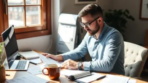 Founder at desk reviewing customer notes and market research documents with coffee cup nearby, natural window lighting, focused expression, notebook and pen visible