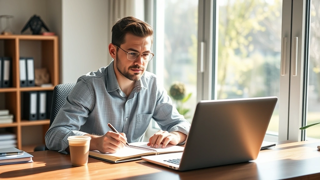 Entrepreneur working intently at desk with laptop and notebook, natural morning light streaming through window, coffee cup nearby, focused expression showing determination and concentration