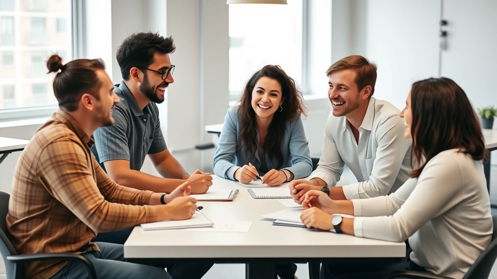 Diverse startup team having animated discussion around table with notepads, genuine laughter and engagement, casual office environment with windows in background, collaborative energy