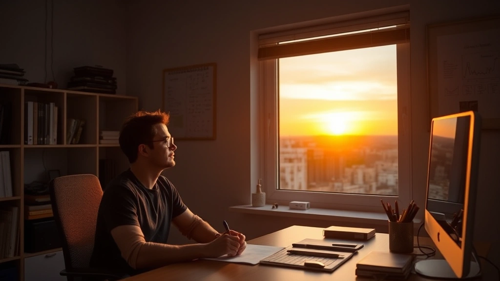 Founder looking out window from office, thoughtful pose, sunset lighting, peaceful moment of reflection, minimal desk with essentials visible, representing the mental and emotional journey of building