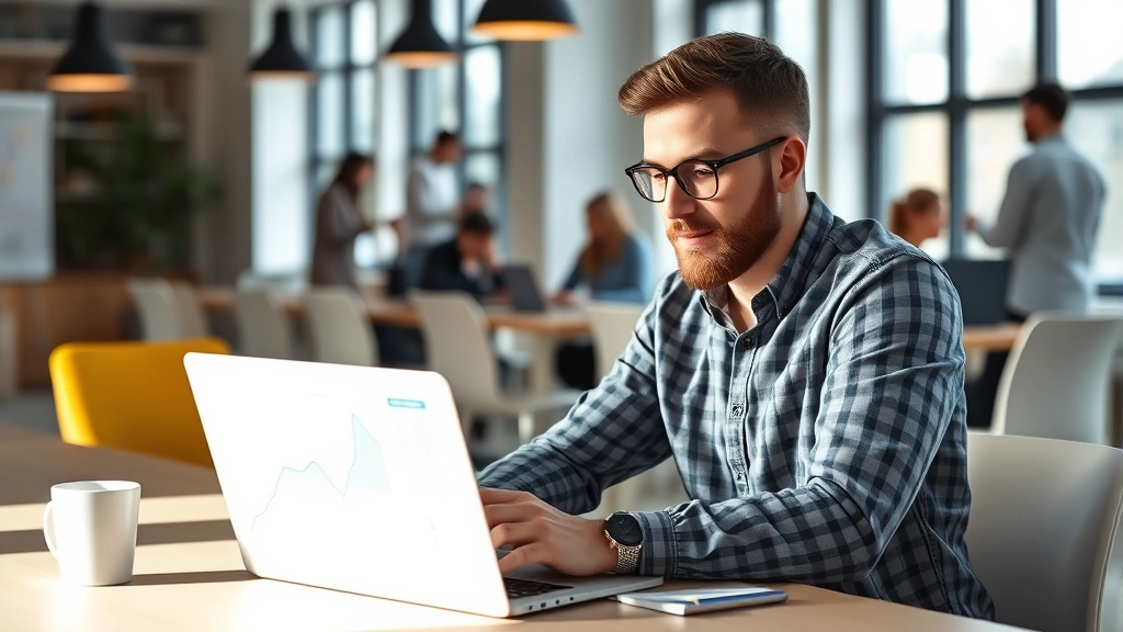 Founder reviewing financial metrics on a laptop in a modern startup office, focused expression, natural morning light through windows, coffee cup nearby, diverse team collaborating in the background