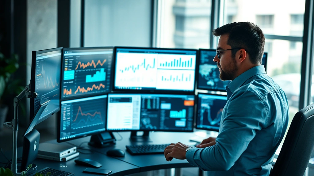 Entrepreneur at a standing desk analyzing business dashboards and metrics on multiple monitors, determined expression, professional startup environment, modern office setup