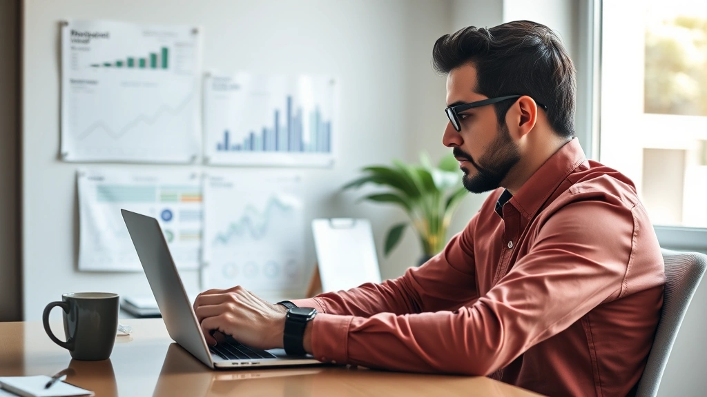 Founder at desk reviewing financial dashboards and metrics on laptop, coffee cup nearby, focused and determined expression, natural daylight
