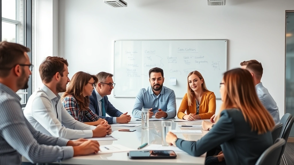 Team meeting in modern office with diverse professionals collaborating around table, whiteboard in background, engaged discussion, professional atmosphere