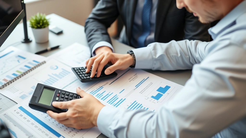 Entrepreneur analyzing business charts and reports with calculator, spreadsheets printed on desk, concentrated work environment, realistic office setting