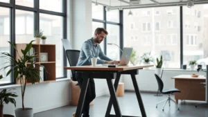 Founder working at a standing desk in a minimalist startup office, focused and determined, natural lighting through large windows, coffee cup nearby, modern workspace setup