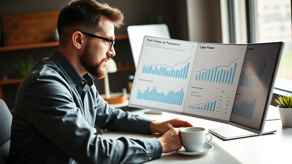Founder reviewing financial dashboards and cash flow projections on desk with coffee, natural daylight, focused expression, modern workspace
