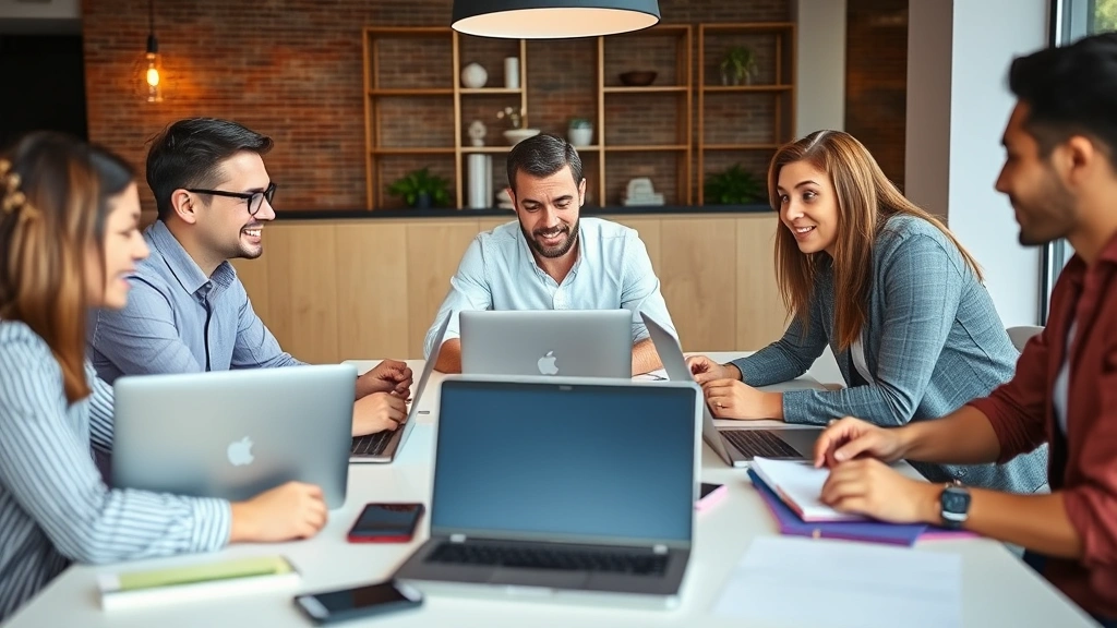 Small team collaborating around table with laptops and notebooks, discussing strategy, energetic but calm atmosphere, diverse group engaged
