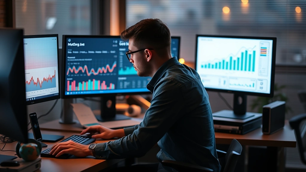Entrepreneur working late at desk with multiple monitors, reviewing metrics and growth charts, determined posture, warm office lighting