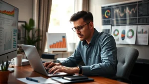 Founder working at a desk surrounded by financial charts and metrics, laptop open showing dashboard data, natural lighting from office window, serious focused expression analyzing business metrics
