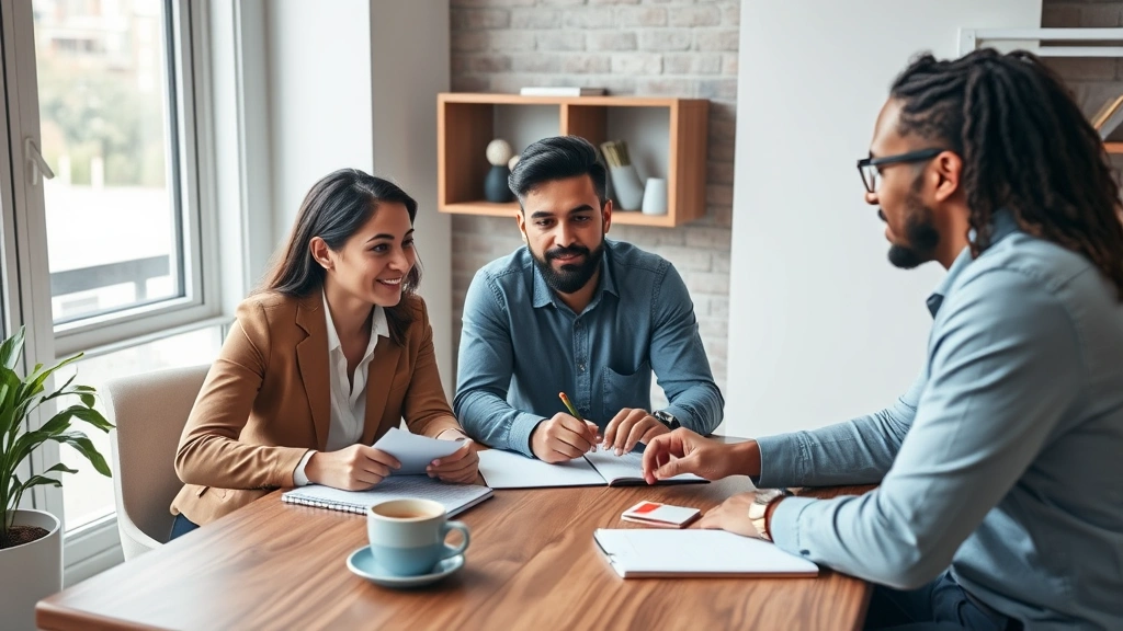 Three diverse entrepreneurs in casual business setting having a working meeting around table with notebooks and coffee, brainstorming and problem-solving together, natural collaborative energy