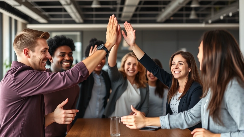 Startup team celebrating milestone achievement, high-fives and genuine smiles, modern office space, sense of momentum and progress, diverse group showing inclusivity