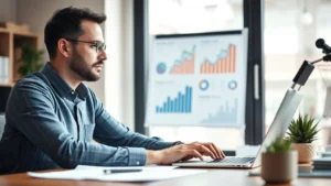 Founder at desk reviewing business metrics and financial reports, focused and confident, natural office lighting, laptop and papers visible but blurred