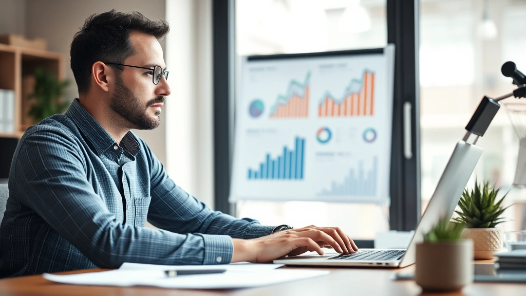 Founder at desk reviewing business metrics and financial reports, focused and confident, natural office lighting, laptop and papers visible but blurred