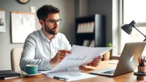 Entrepreneur at desk reviewing business metrics on paper with coffee, focused expression, natural lighting from window, modern workspace