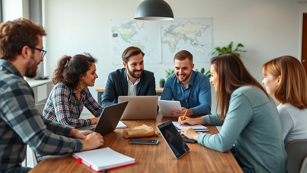 Diverse startup team collaborating around table with laptops and notebooks, engaged discussion, casual office environment, genuine teamwork