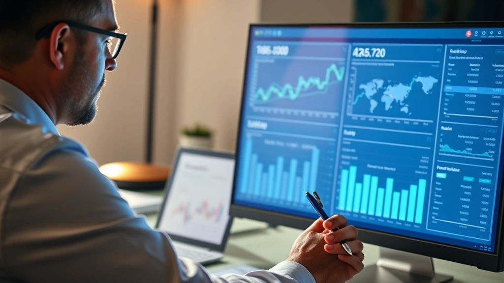 Founder analyzing financial dashboard on computer screen, pen in hand, reviewing charts and numbers, concentrated work moment