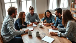 Diverse founding team of three people having an intense strategy discussion around a wooden table with coffee cups and notebooks, natural window lighting, startup office environment, collaborative energy