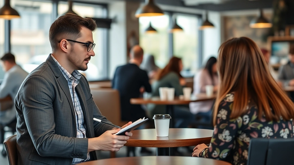 Entrepreneur conducting a customer interview in a casual coffee shop setting, taking notes while listening intently, real conversation moment, diverse participants, authentic business discussion