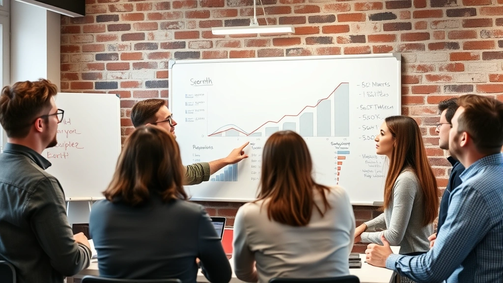 Founder reviewing metrics and progress on a whiteboard during a team huddle, pointing at growth trajectory, multiple team members engaged, startup office with exposed brick, momentum and progress visible in body language