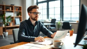 Founder working at desk with financial spreadsheet and coffee, natural lighting, thoughtful expression, modern office space