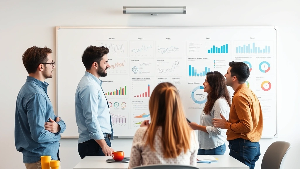 Team collaborating around whiteboard with business metrics and charts visible on wall behind them, diverse group, engaged discussion