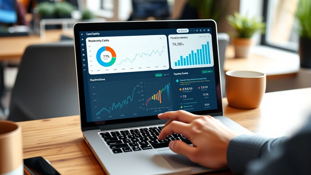 Laptop showing dashboard with business metrics and growth graphs, hands pointing at screen, startup office environment