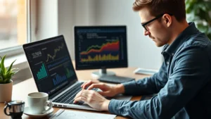 Entrepreneur at desk analyzing financial spreadsheets and growth metrics on laptop, focused expression, natural office lighting, coffee cup nearby, hands on keyboard