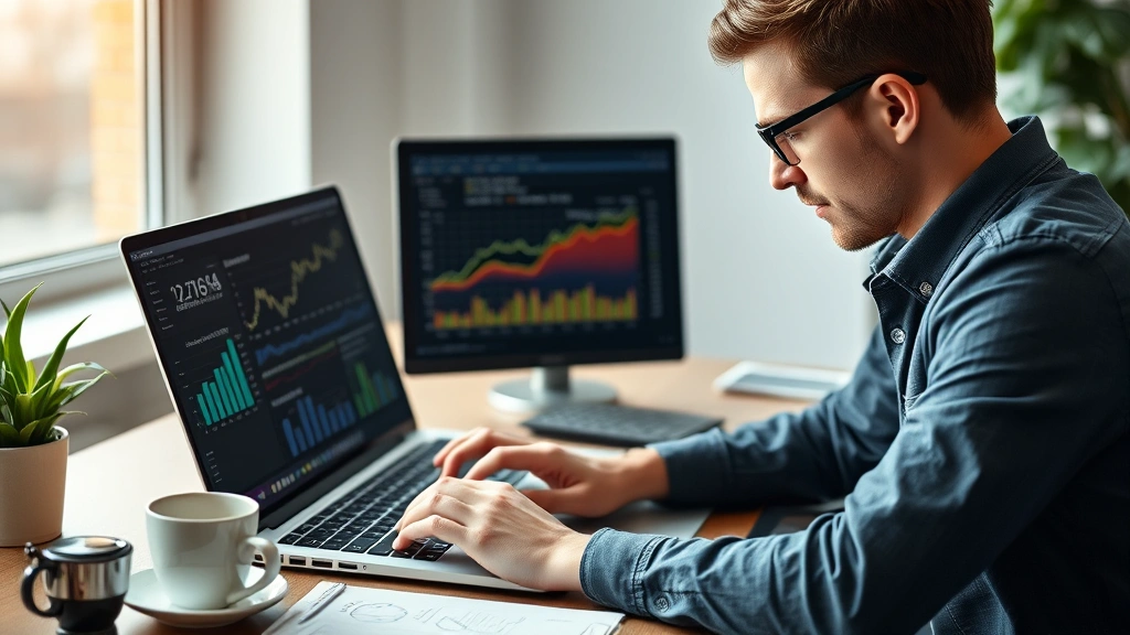 Entrepreneur at desk analyzing financial spreadsheets and growth metrics on laptop, focused expression, natural office lighting, coffee cup nearby, hands on keyboard