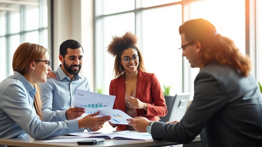 Team of diverse business professionals in collaborative meeting, reviewing charts and discussing strategy, engaged conversation, modern office space, sunlight through windows