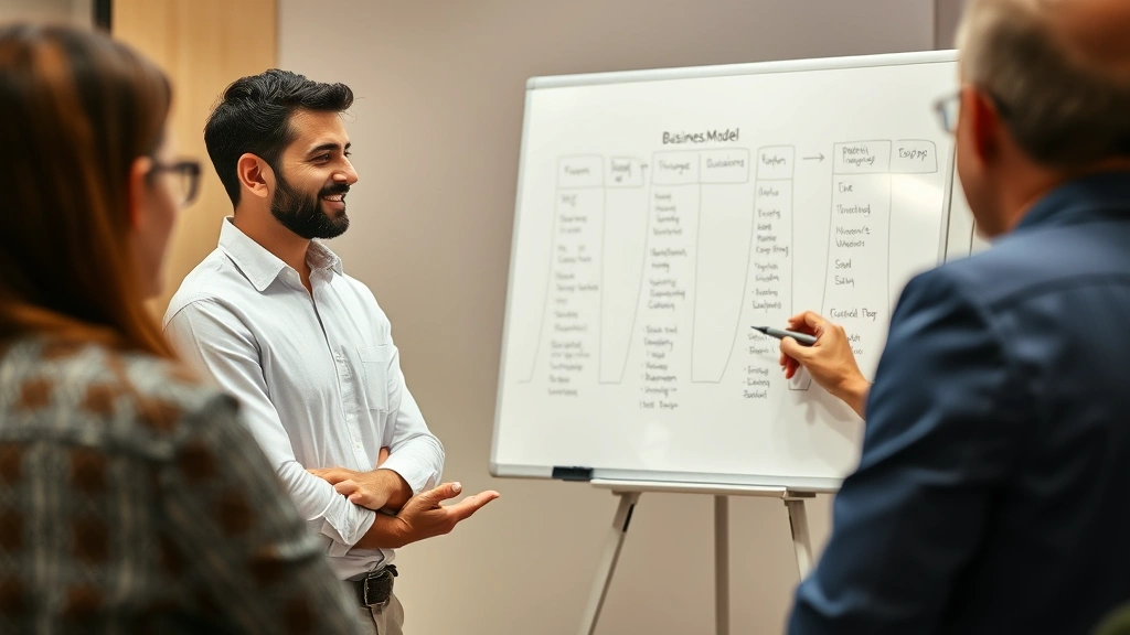 Founder presenting business model to investors, confident posture, whiteboard in blurred background, professional casual attire, authentic moment of connection