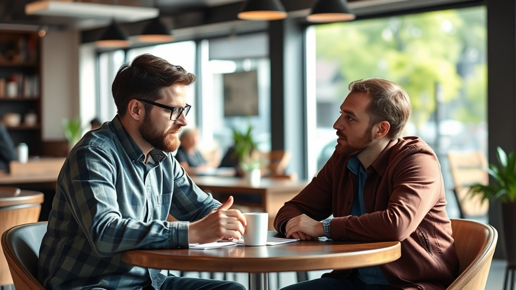 Two founders in a coffee shop having an intense discussion about business strategy, natural lighting, realistic startup environment, both engaged and focused
