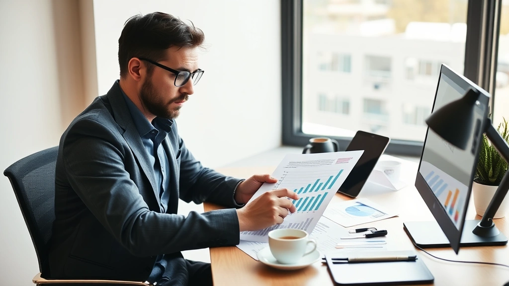 Entrepreneur reviewing financial spreadsheets and cash flow charts on a desk with coffee, modern minimal workspace, natural daylight, serious concentration