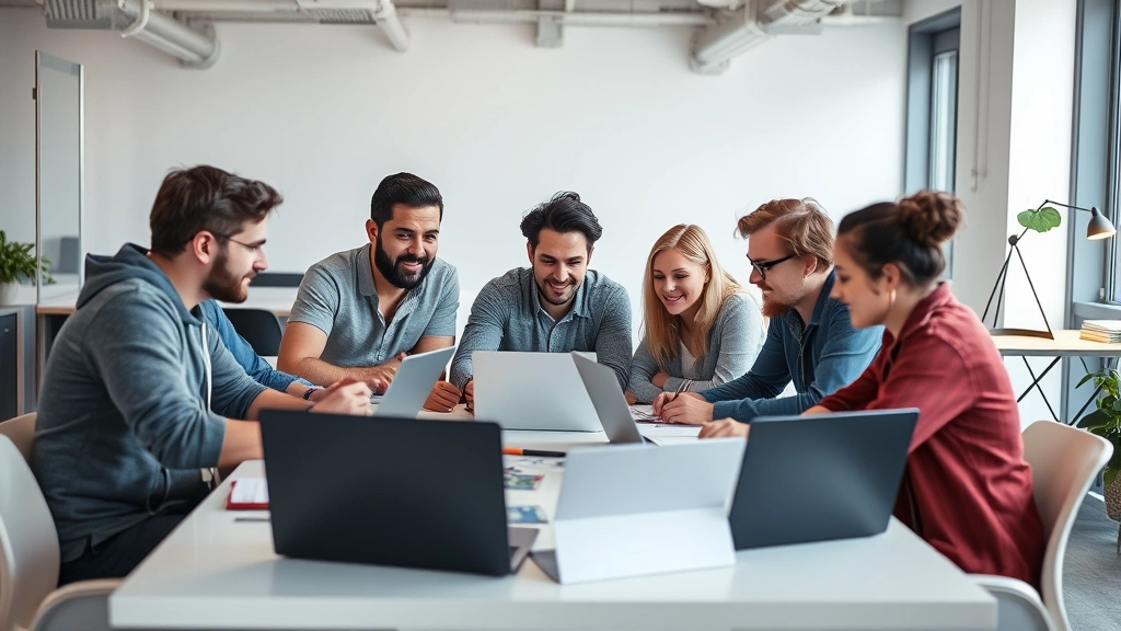 Diverse team of startup employees collaborating around a table with laptops and notebooks, energetic and collaborative atmosphere, modern office space, candid moment