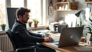 Founder sitting at desk with laptop and coffee, focused expression, early-morning startup workspace with minimal decor, natural window light, papers scattered thoughtfully