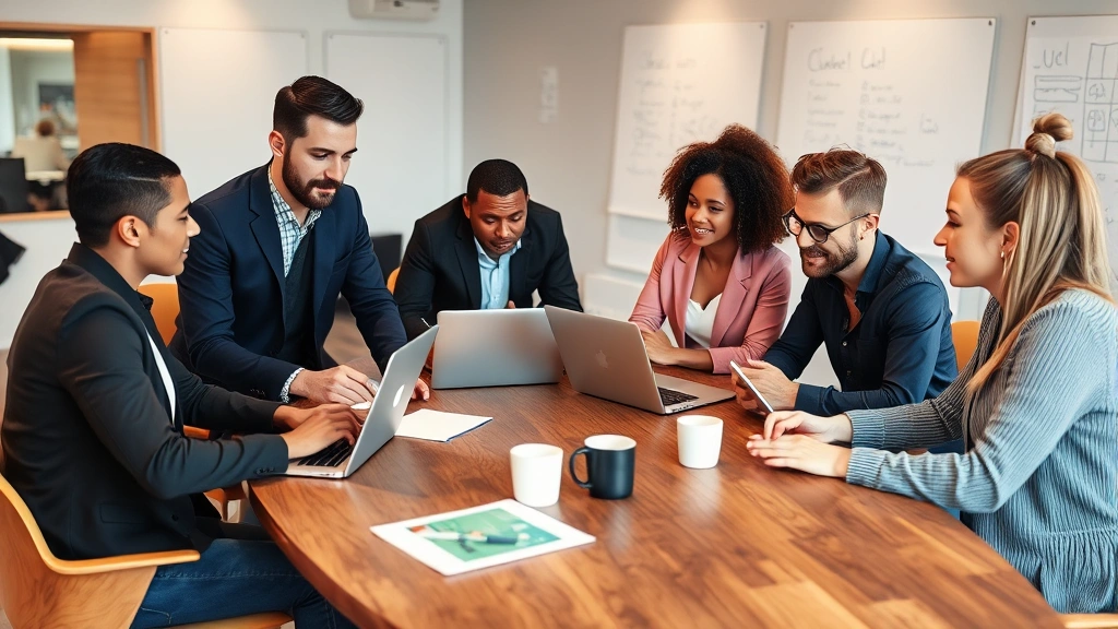 Team of four diverse professionals brainstorming around a wooden table, laptops open, coffee cups, engaged in discussion, modern office space with whiteboards in background