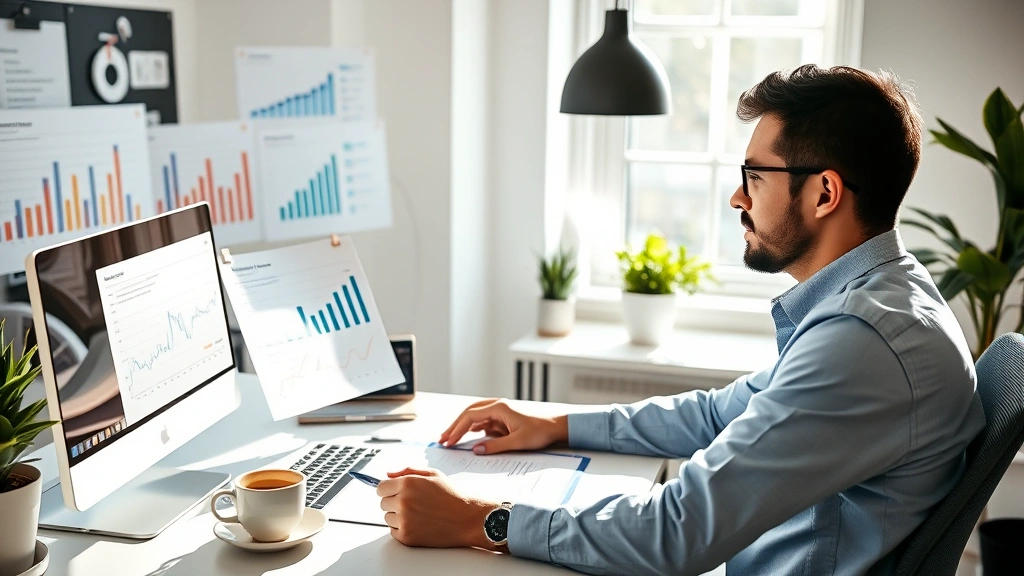Founder at desk reviewing financial spreadsheets and business metrics, morning coffee nearby, natural sunlight, focused expression, modern startup office