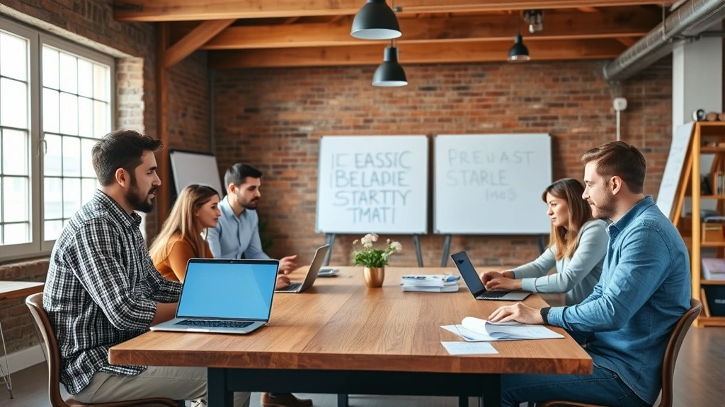 Diverse founding team around wooden table in startup loft, laptops open, discussing strategy with whiteboards and notes visible, collaborative energy, natural lighting