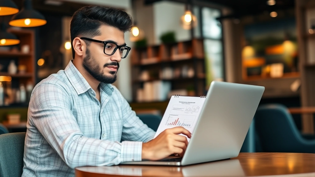 Solo entrepreneur in coffee shop working on laptop, notebook with business sketches visible, thoughtful expression, warm ambient lighting, entrepreneurial workspace