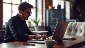 Founder at laptop in startup office, deep focus on code or product, natural window light, coffee cup nearby, authentic startup workspace environment