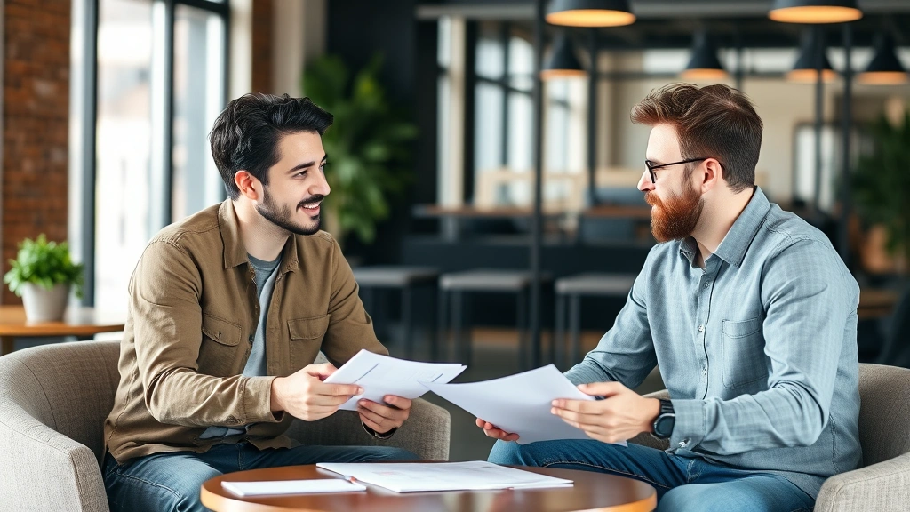 Two entrepreneurs in casual meeting discussing business strategy with notes and sketches visible, collaborative energy, modern office or coffee shop setting