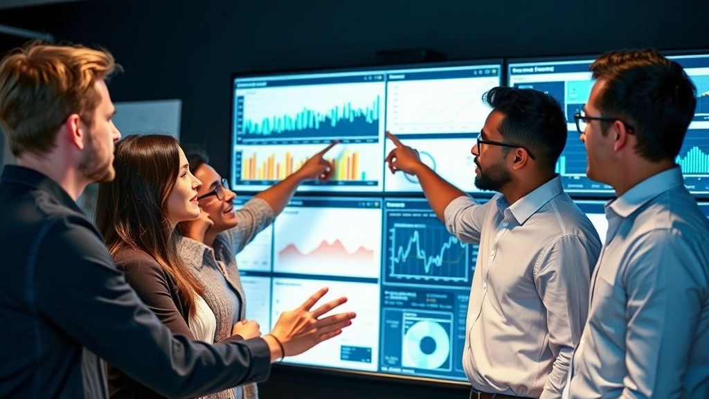 Diverse startup team reviewing metrics on large monitor or whiteboard, pointing and discussing data trends, engaged problem-solving moment