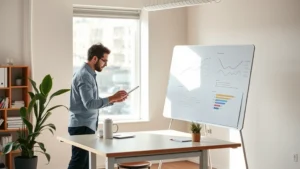 Two founders collaborating at a standing desk in a minimal startup office, reviewing data on a whiteboard nearby, natural morning light, focused and purposeful atmosphere