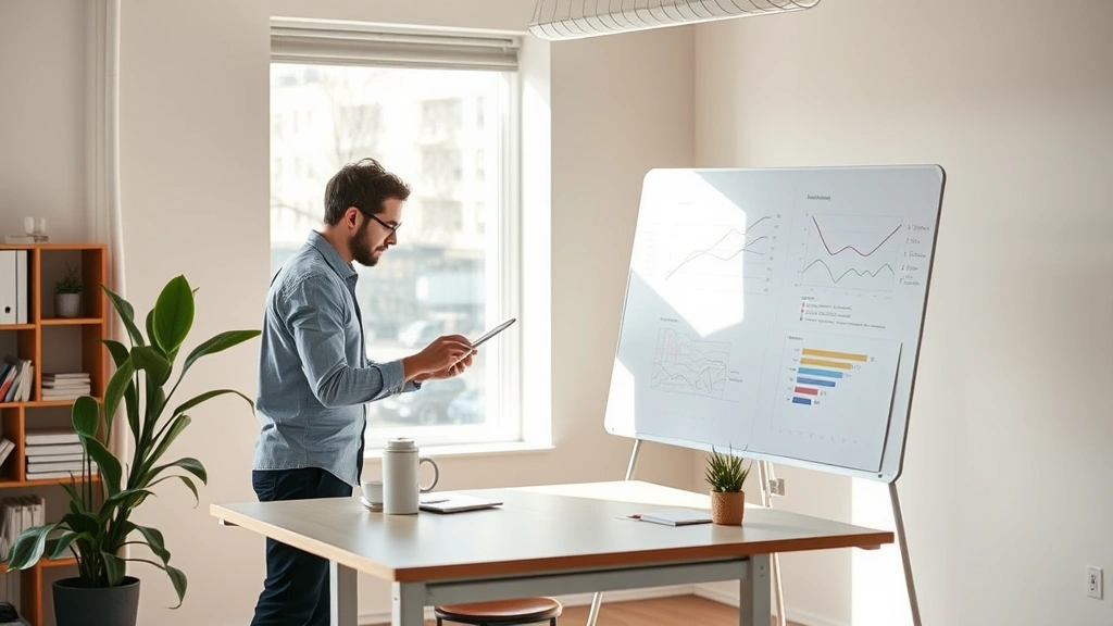 Two founders collaborating at a standing desk in a minimal startup office, reviewing data on a whiteboard nearby, natural morning light, focused and purposeful atmosphere