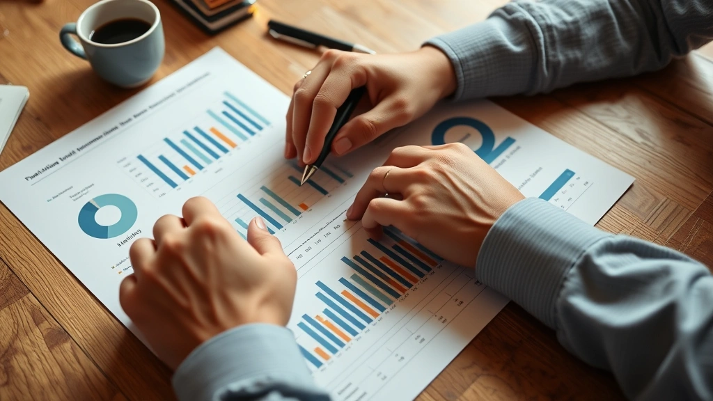 Close-up of hands reviewing financial documents and metrics on a wooden desk, coffee cup nearby, analytical but grounded entrepreneurial workspace