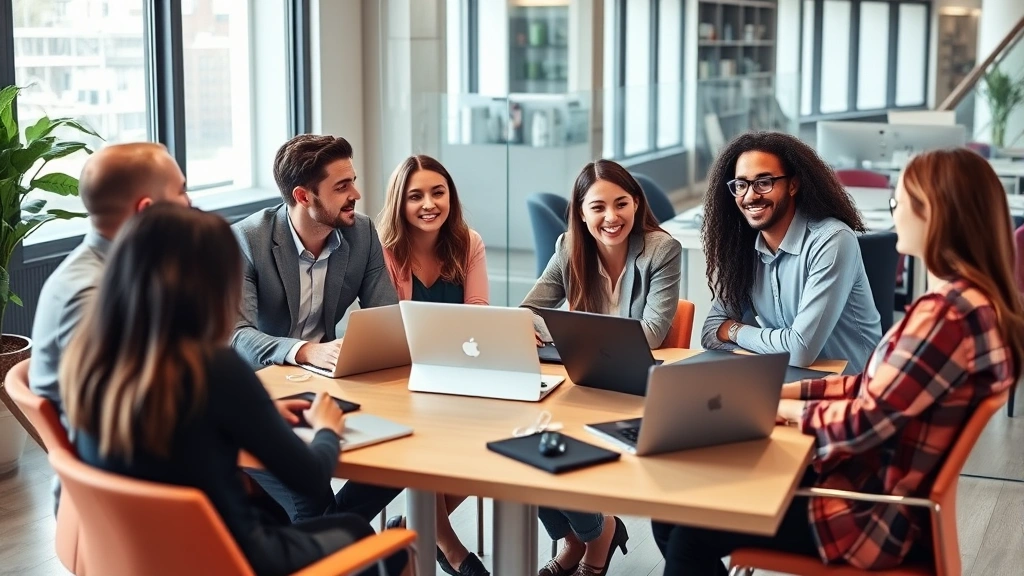 Diverse team of five professionals in a casual meeting space, engaged in discussion around a table with laptops, genuine collaboration and trust visible in body language