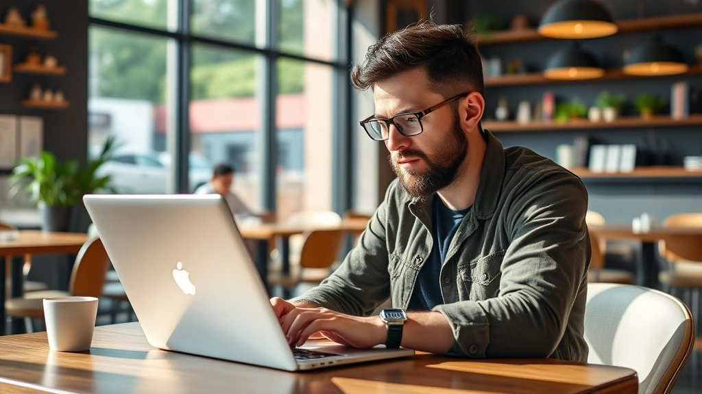 Founder at laptop in coffee shop, laptop open with code editor, natural daylight, focused expression, casual workspace, no visible screen content