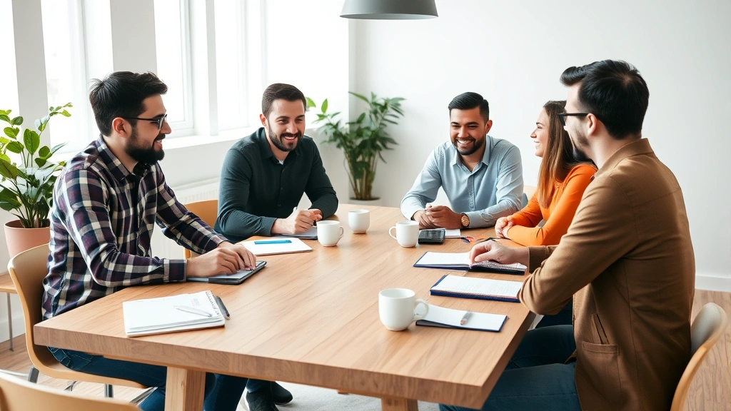 Team of diverse founders collaborating around wooden table with notebooks and coffee cups, engaged discussion, bright office space, no visible documents or text