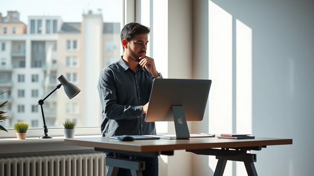 Solo entrepreneur working at standing desk with natural light from window, thinking pose, minimalist workspace, hands visible, no visible screens or data